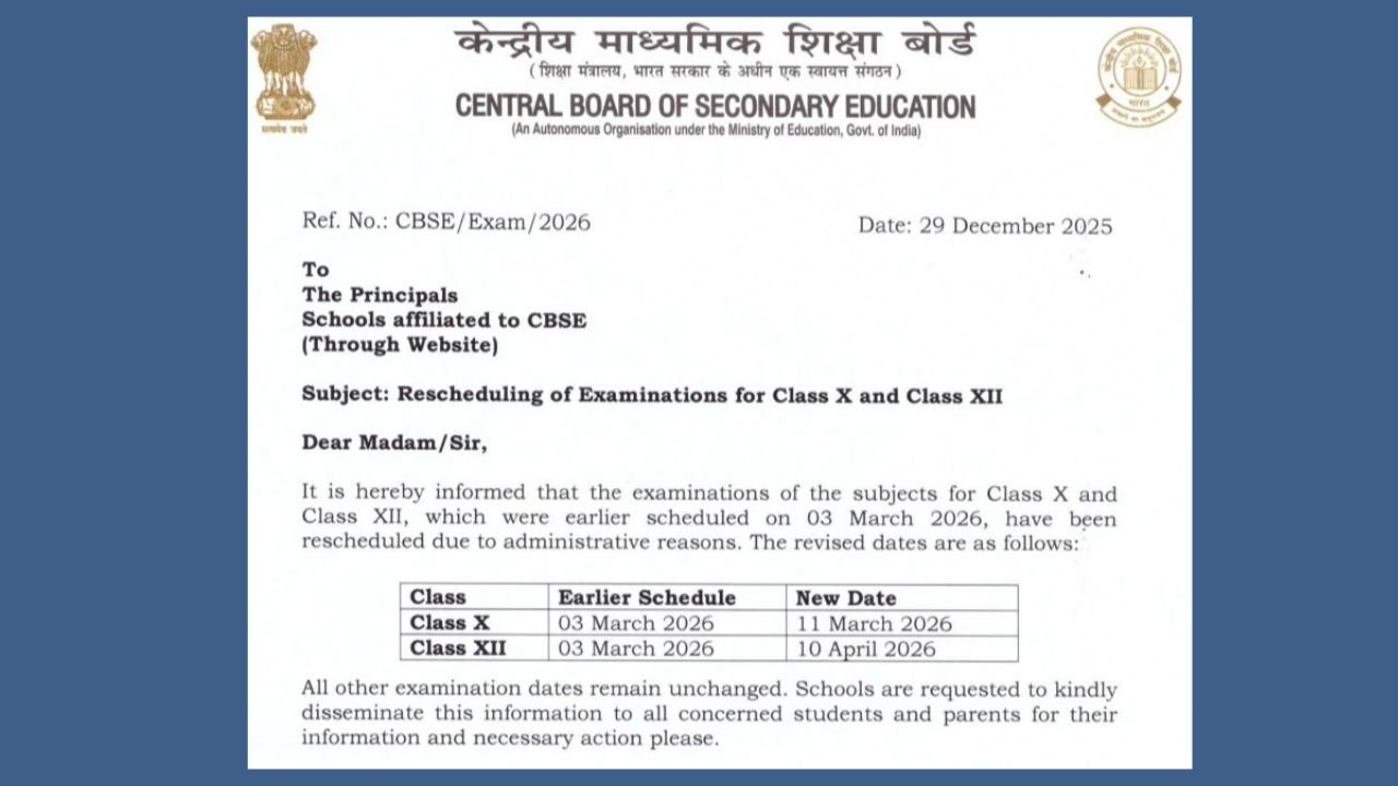 Big Relief for Students: CBSE Board Exams 2026 Datesheet Revised, March 3 Exams Postponed